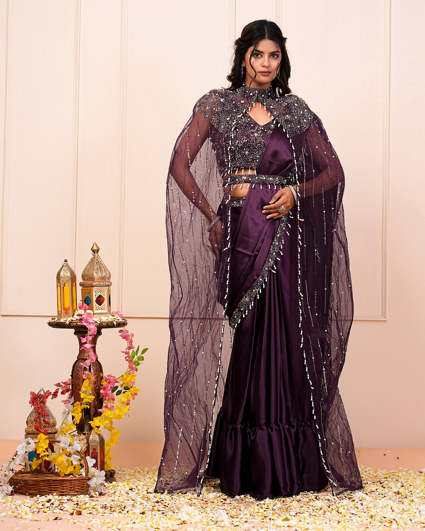 Blackberry Wine Hand Embroidered Choli With Pre Drape Saree Jacket Belt Set