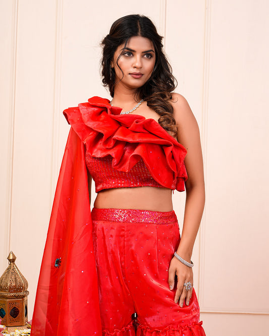 Fiery Red One-Off Shoulder Ruffled Blouse With Layered Bottoms