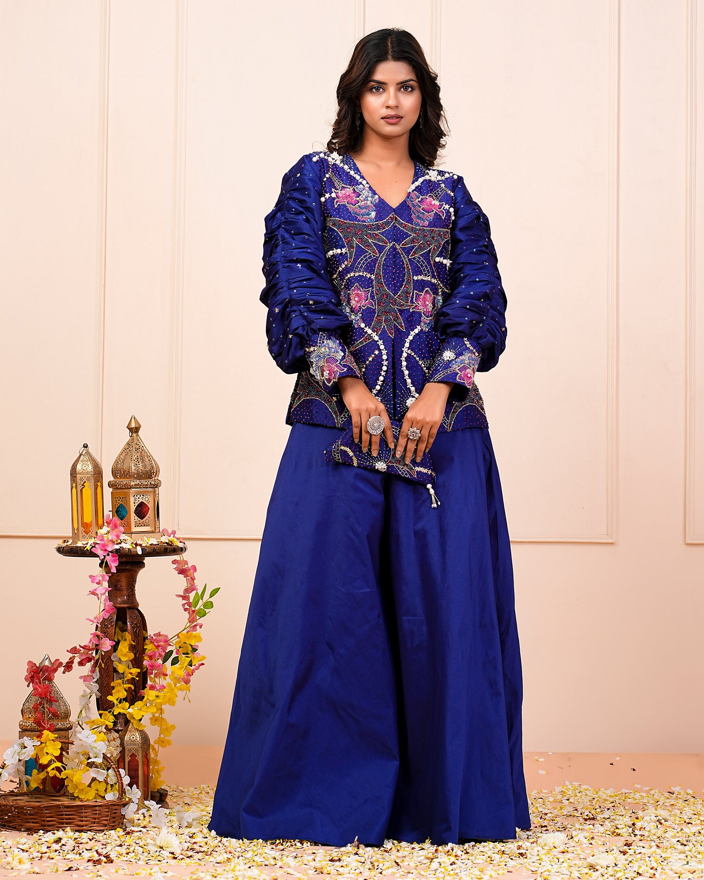 Blue Heavy Hand Embroidered Kurta With Palazzo Pant Set