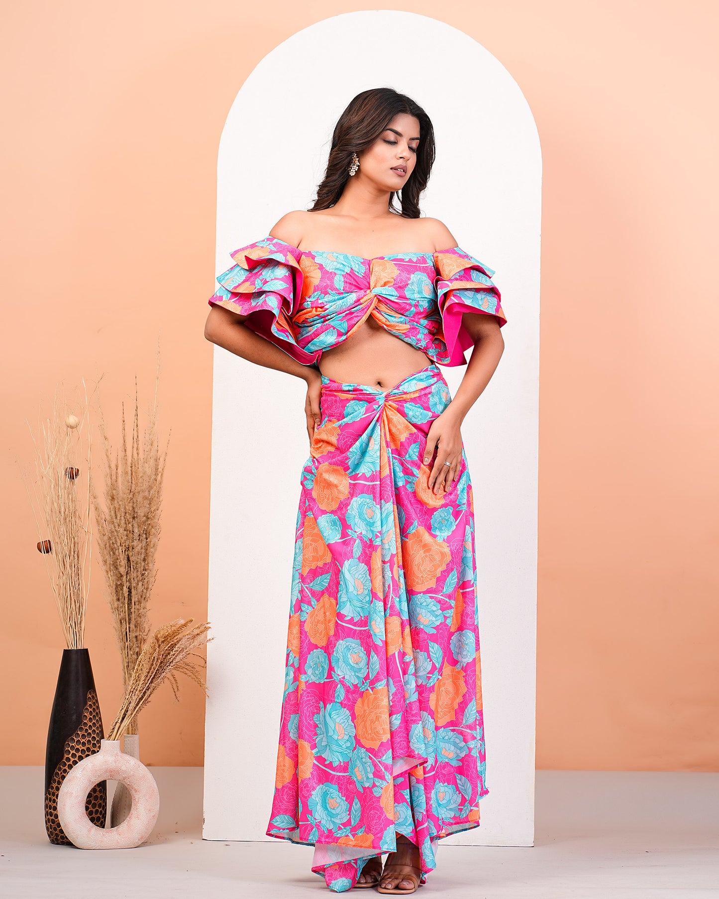 Hot Pink Floral Printed Ruffled Sleeves Top With Drape Skirt