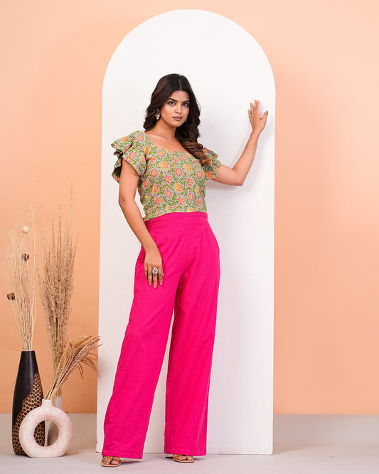 Floral Printed Top With Pink High Waist Pants