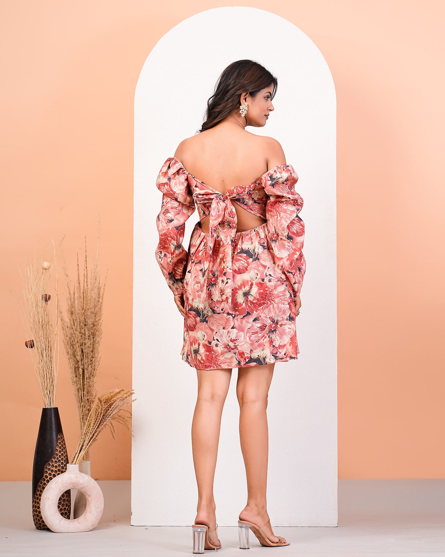Apricot Blush Foil Floral Print Back Tie-Up Dress