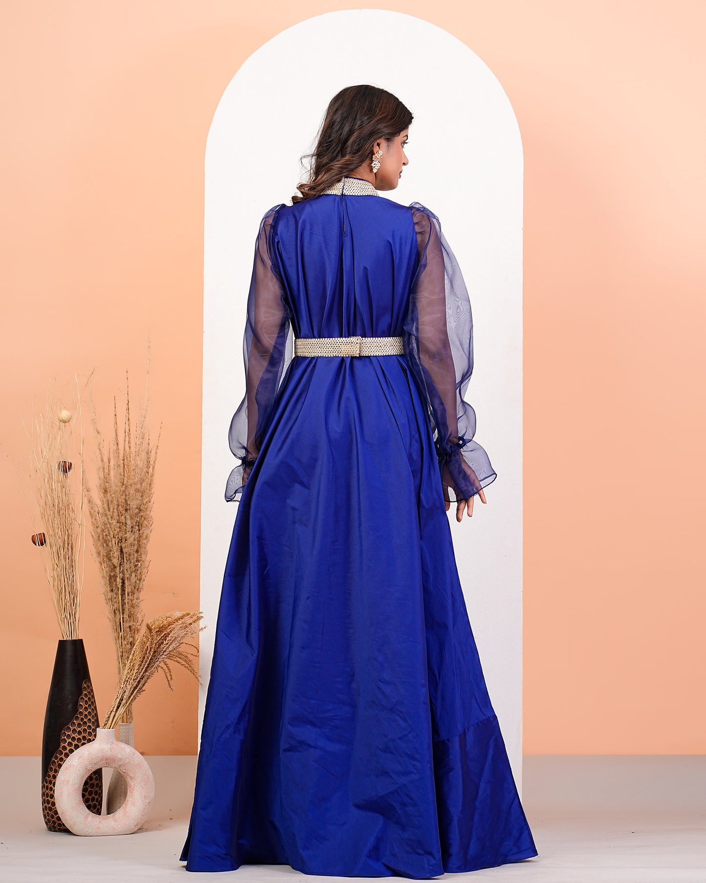 Hight Neck Reflax Blue Dress With Organza Puff Sleeves