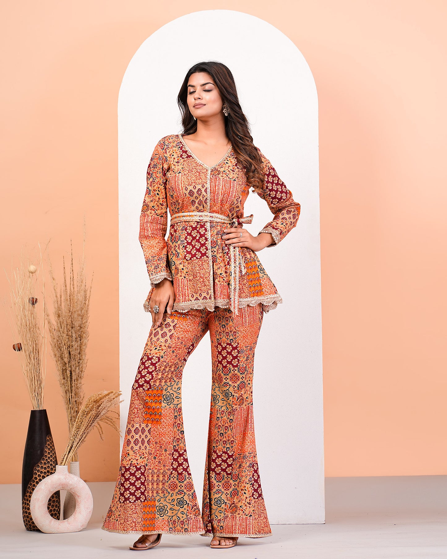 Harissa Red Multi-Printed Front Opening Kurta Pant Belt Set