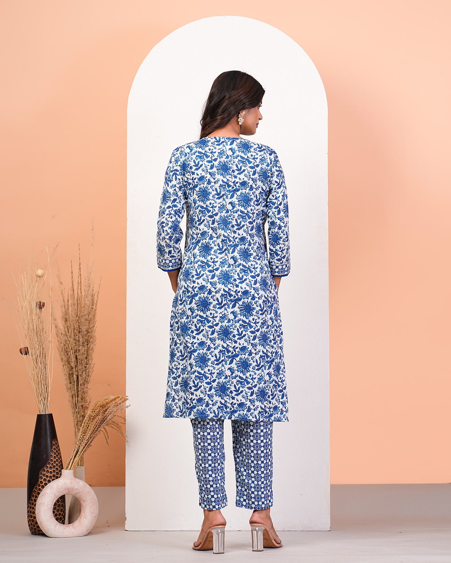 Floral Blue Katha Kurta Pant Dupatta Set With Lace Highlight