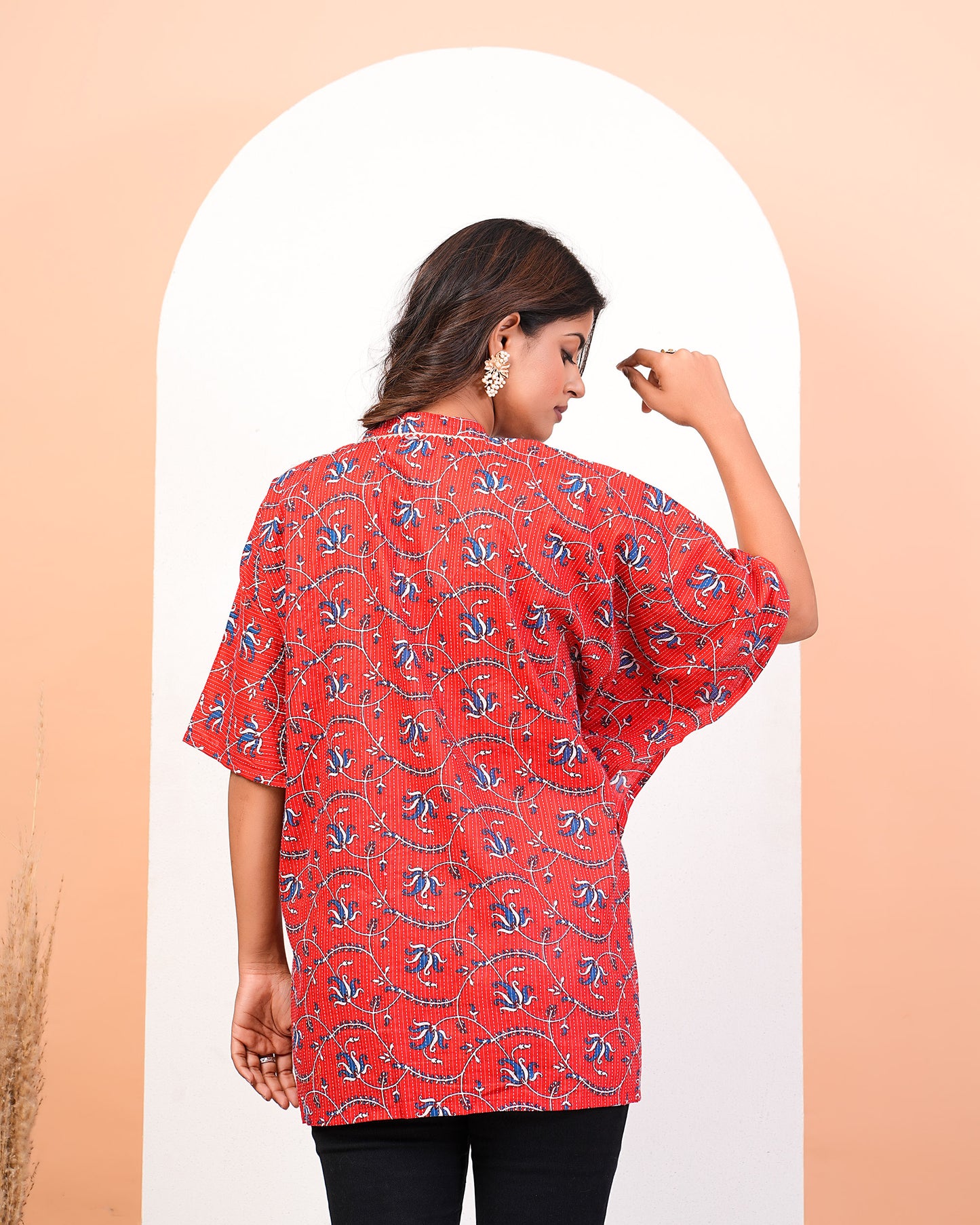 Floral Katha Red Kaftan With Drawstrings