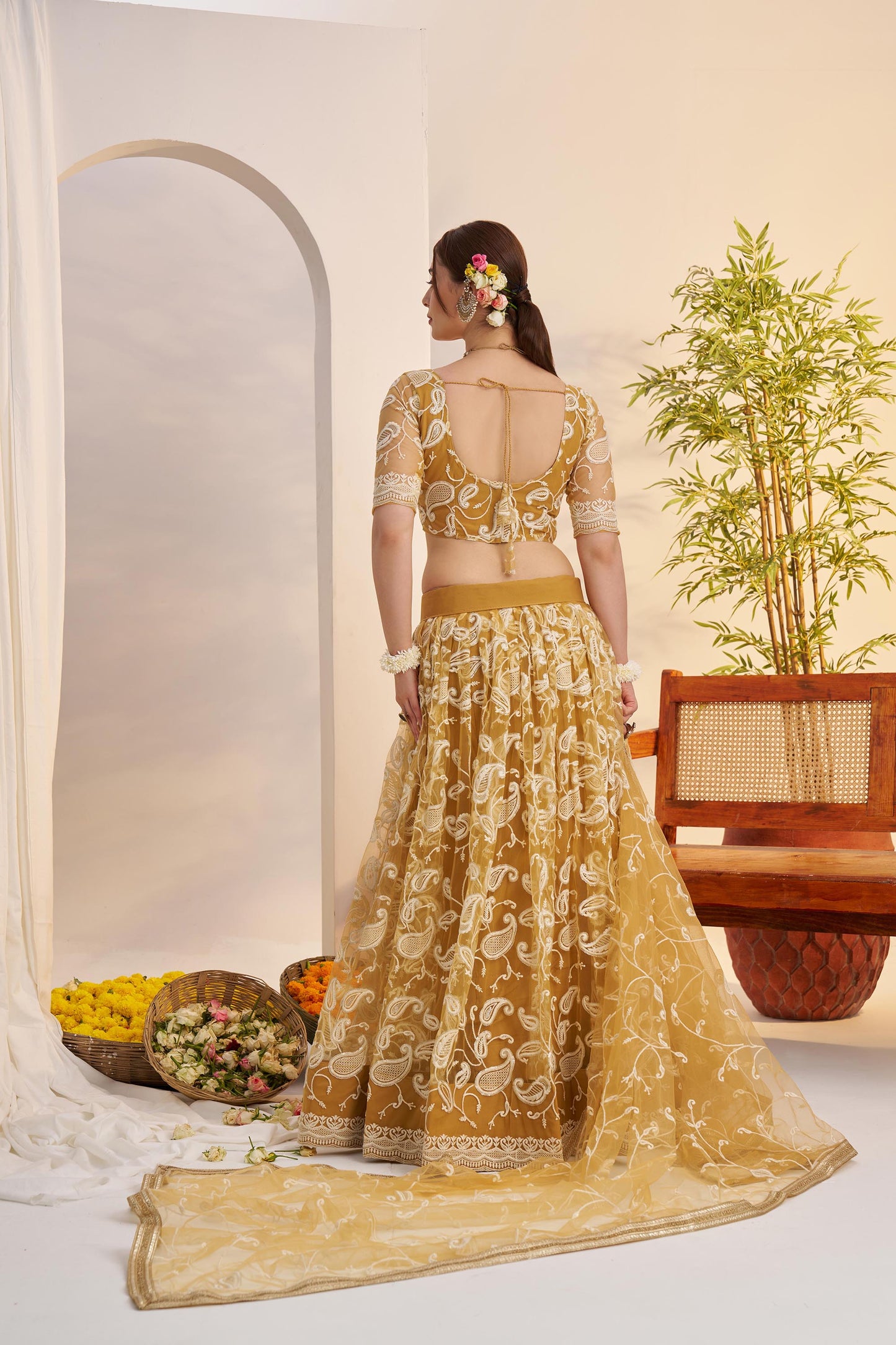 Yellow Butterfly Net Sequins & Tone to Tone Cotton Thread Work Wedding Guest Lehenga for Haldi