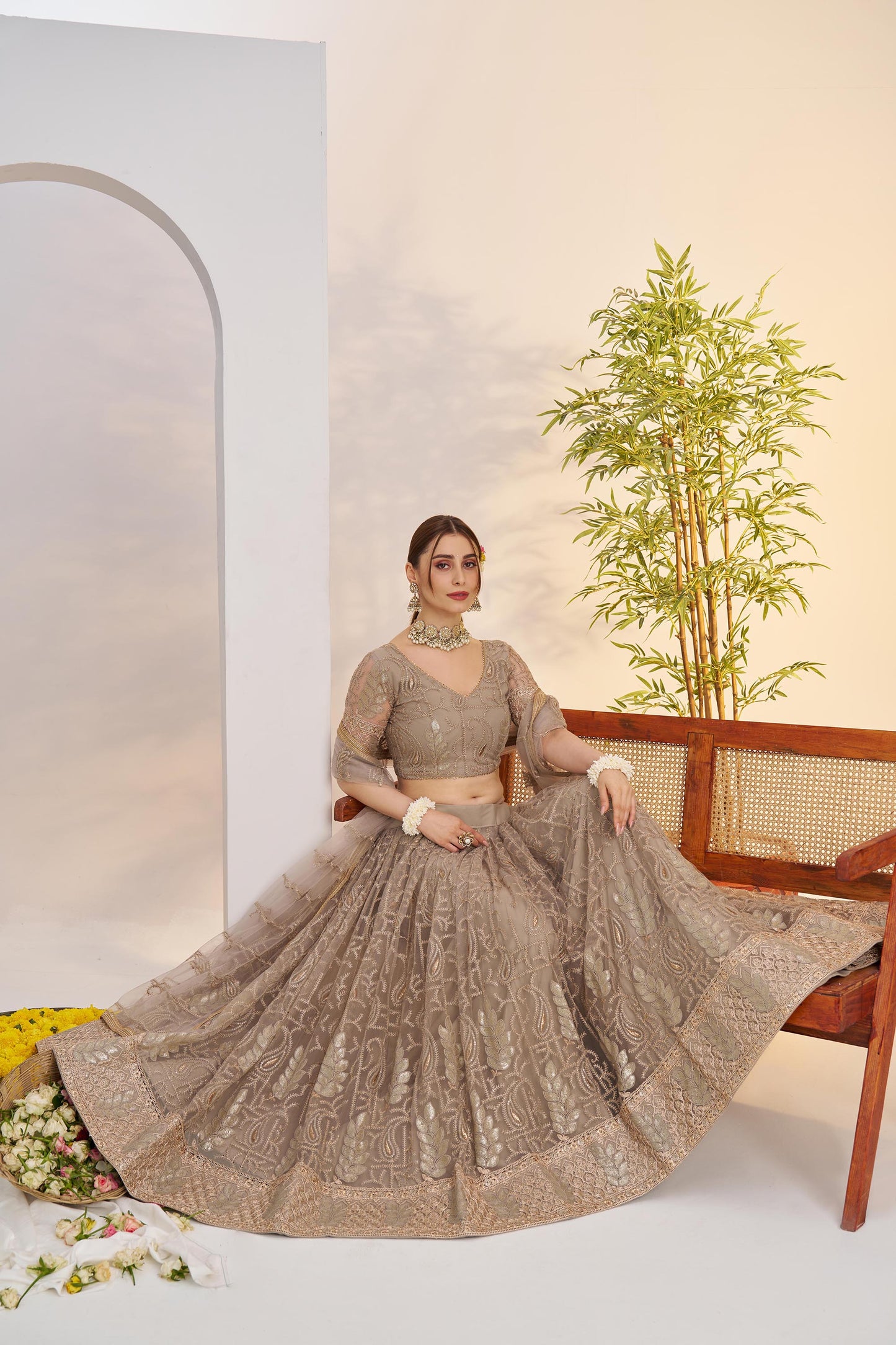 Metallic Grey Butterfly Net Sequins & Tone to Tone Cotton Thread Work Wedding Guest Lehenga