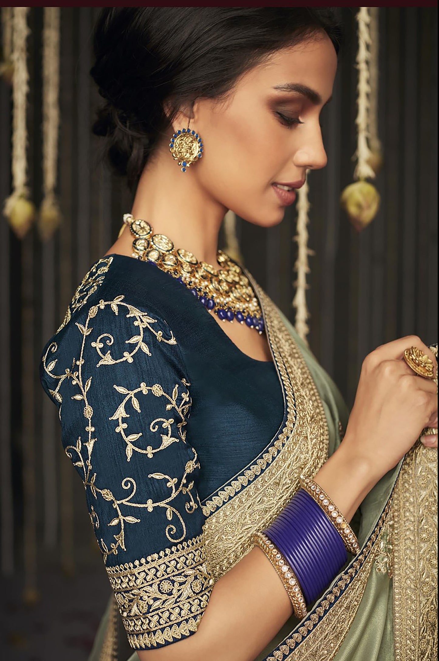 sage green Glass Tissue Silk Embroidery Work Kajal H Saree