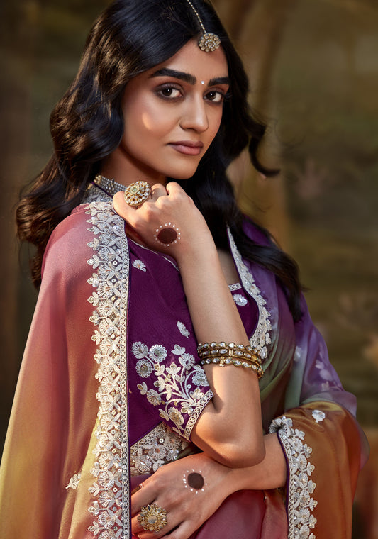 Multi colored Embroidered Kajal Wedding Saree