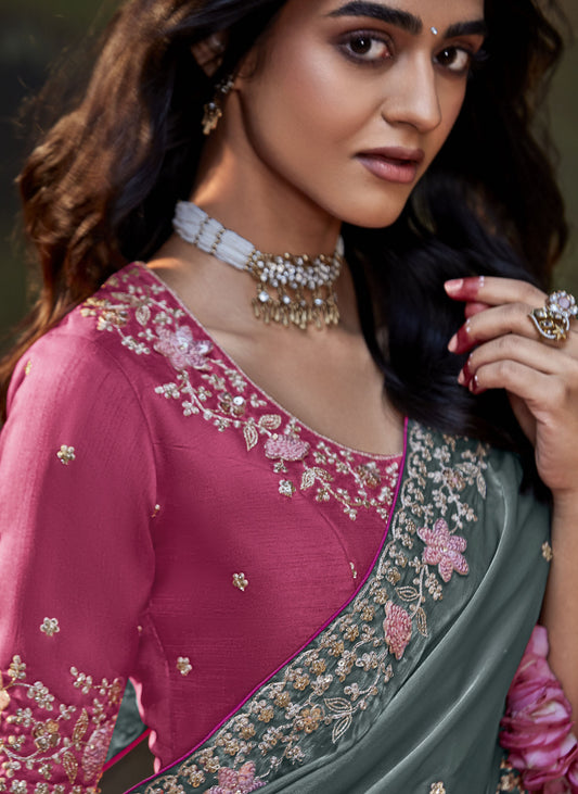 Slate Gray Embroidered Kajal Wedding Saree