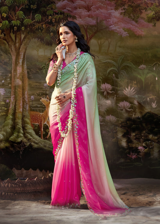 Green and Magenta Embroidered Kajal Wedding Saree
