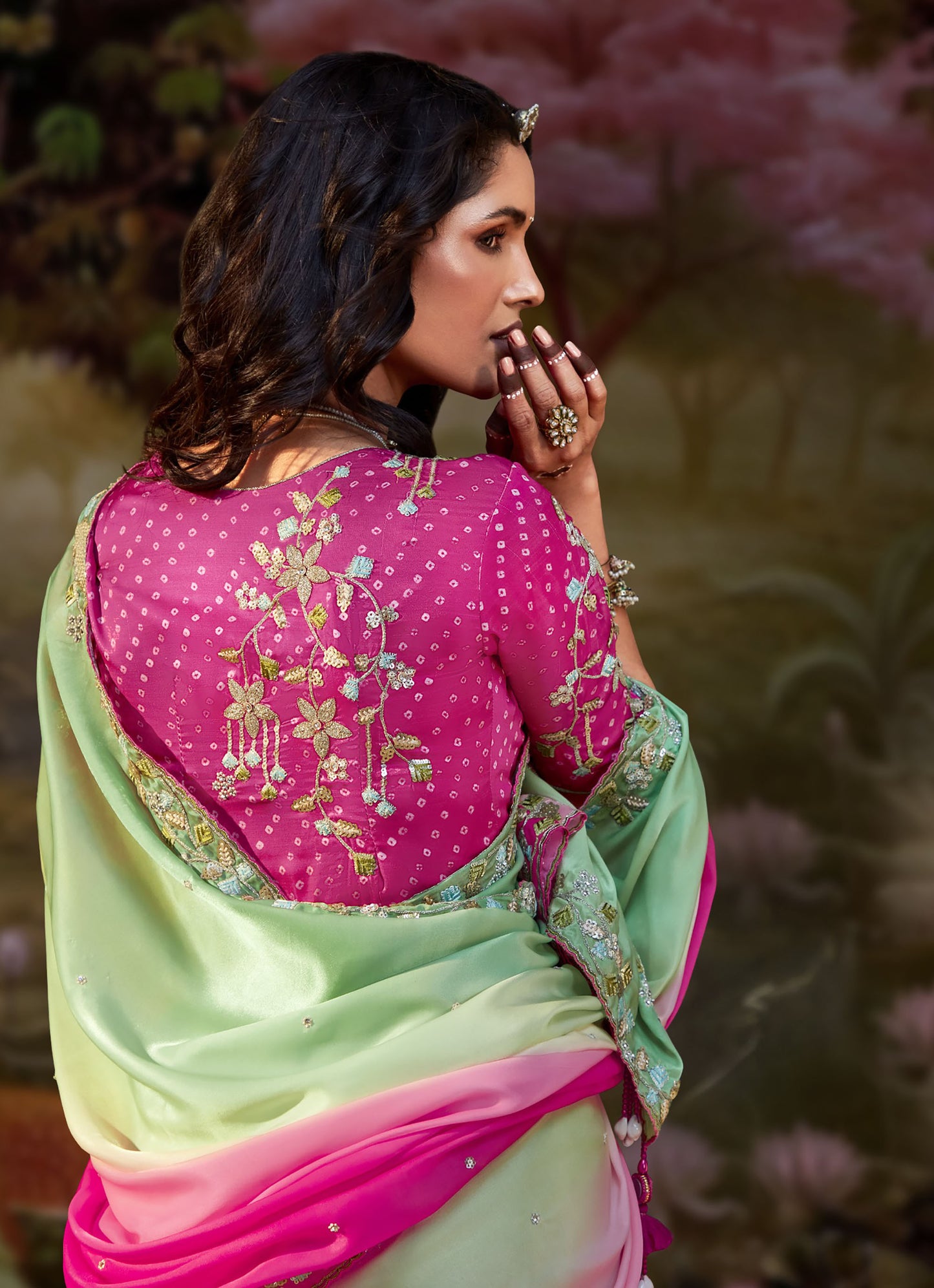 Green and Magenta Embroidered Kajal Wedding Saree