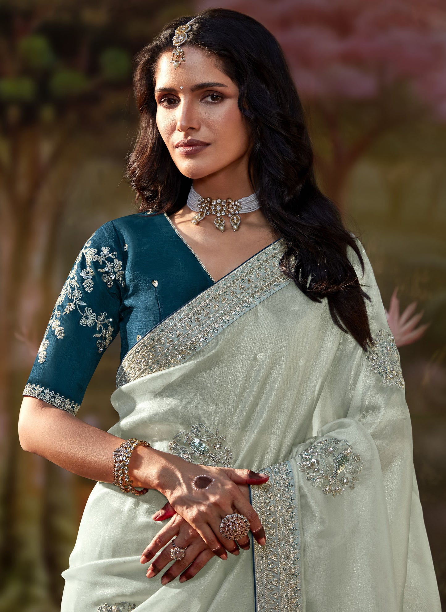 Light Aqua Embroidered Kajal Wedding Saree