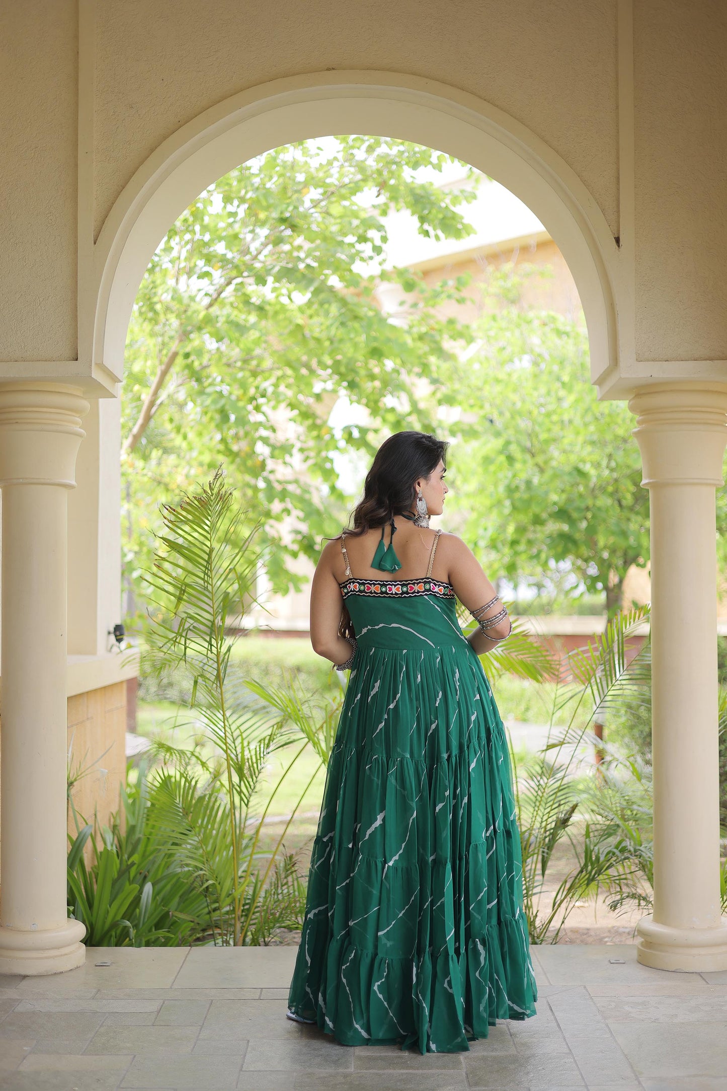 Sea Green Faux Georgette Lehariya Print & Kutchi Patchwork Navratri Gown