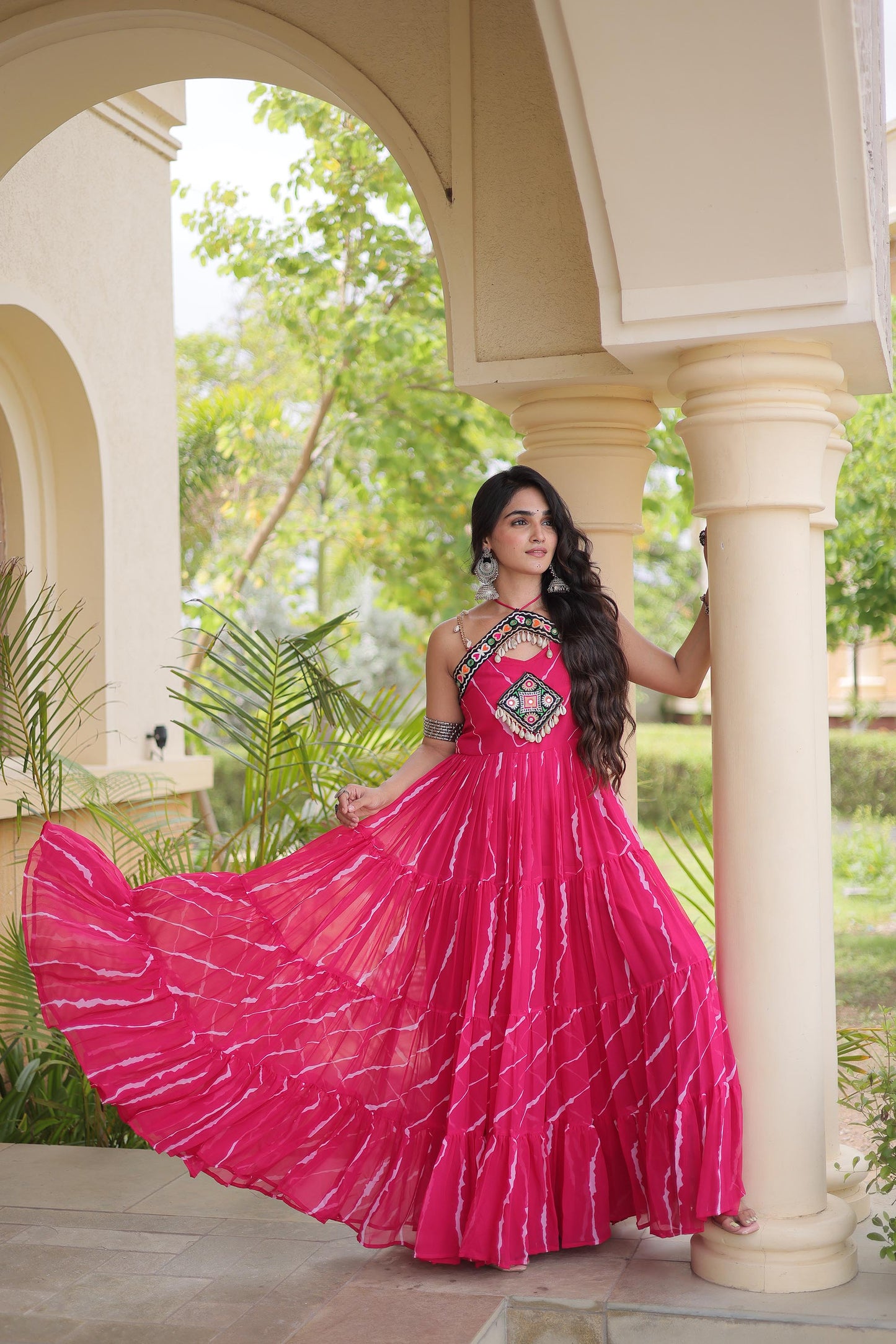 Pink Faux Georgette Lehariya Print & Kutchi Patchwork Navratri Gown
