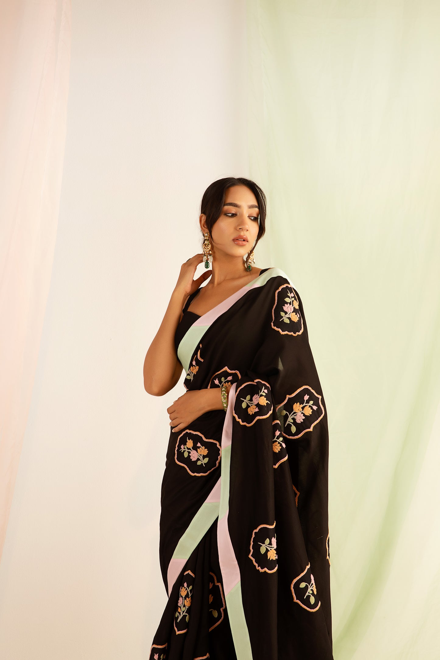 Black Hand Embroidered Handcrafted Chanderi Silk Saree Set