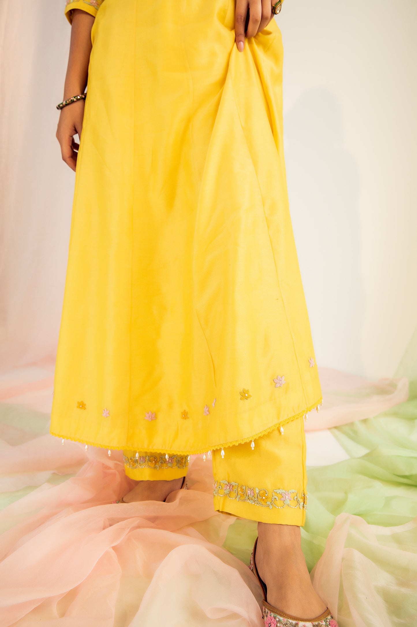 Ayisha Hand Embroidered Yellow Chanderi Silk Kurta Set