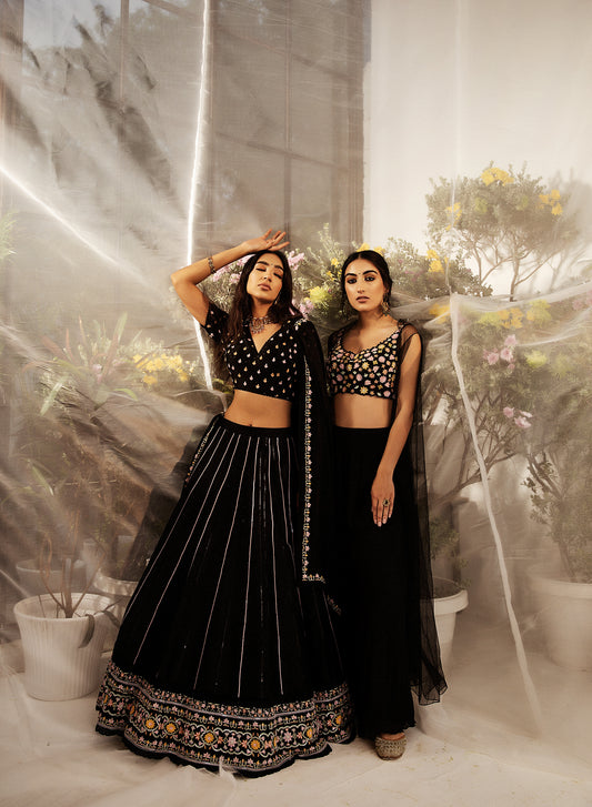Black Resham Embroidered Chanderi Silk Lehenga Set