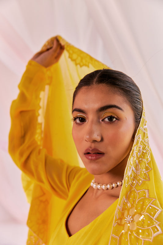 Alaia Georgette hand Embroidered Yellow Anarkali Set