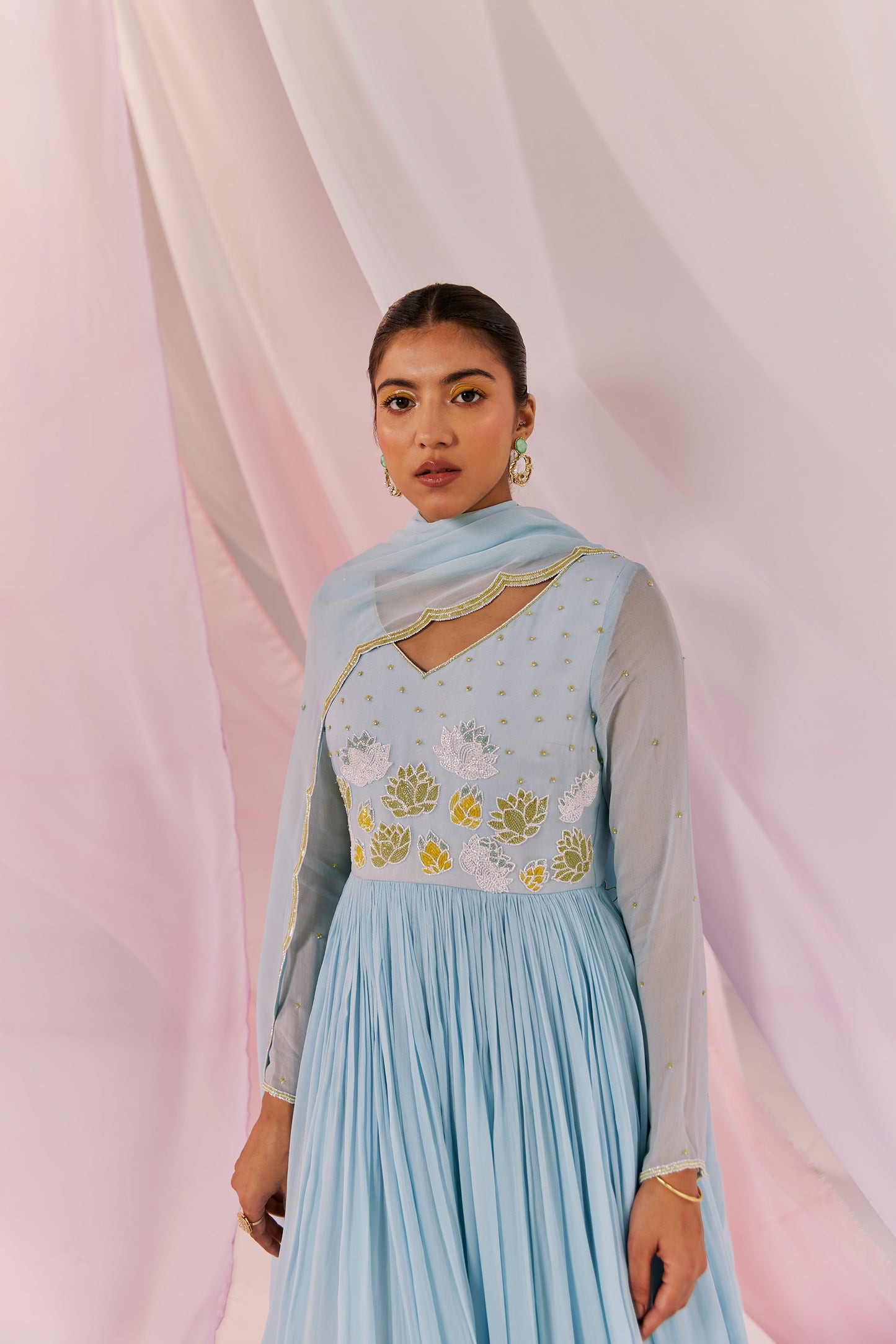 Kaasni Hand Embroidered Georgette Blue Anarkali Set