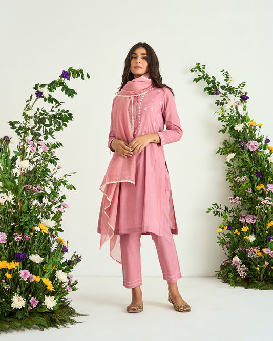 Onion Pink Resham Embroidered Pure Cotton Shaadmani Kurta Set