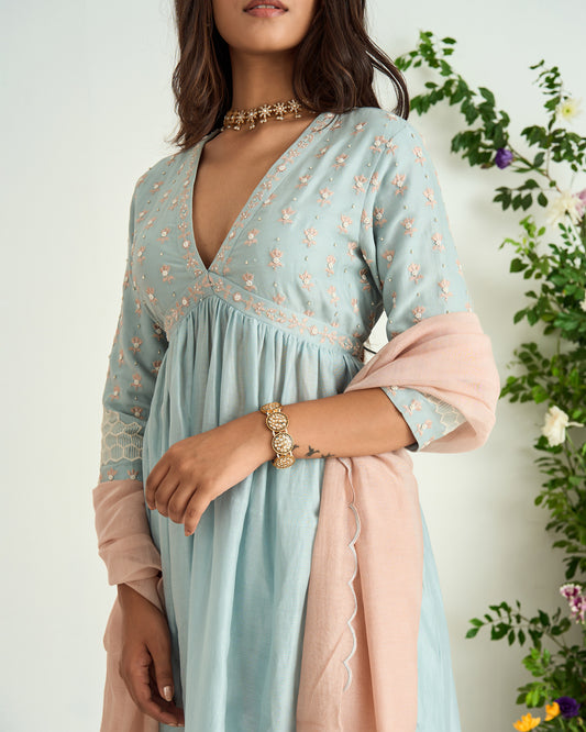 Ice Blue Chanderi Silk Embroidered Shaadmani Kurta Set