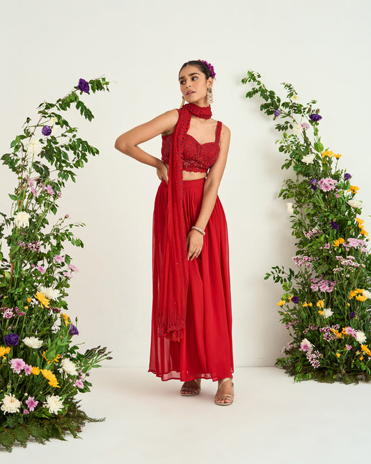 Red Georgette Net Flared Shaadmani Pant Set
