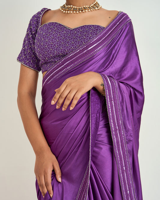 Purple Hand Embroidered Satin Shaadmani Saree Set