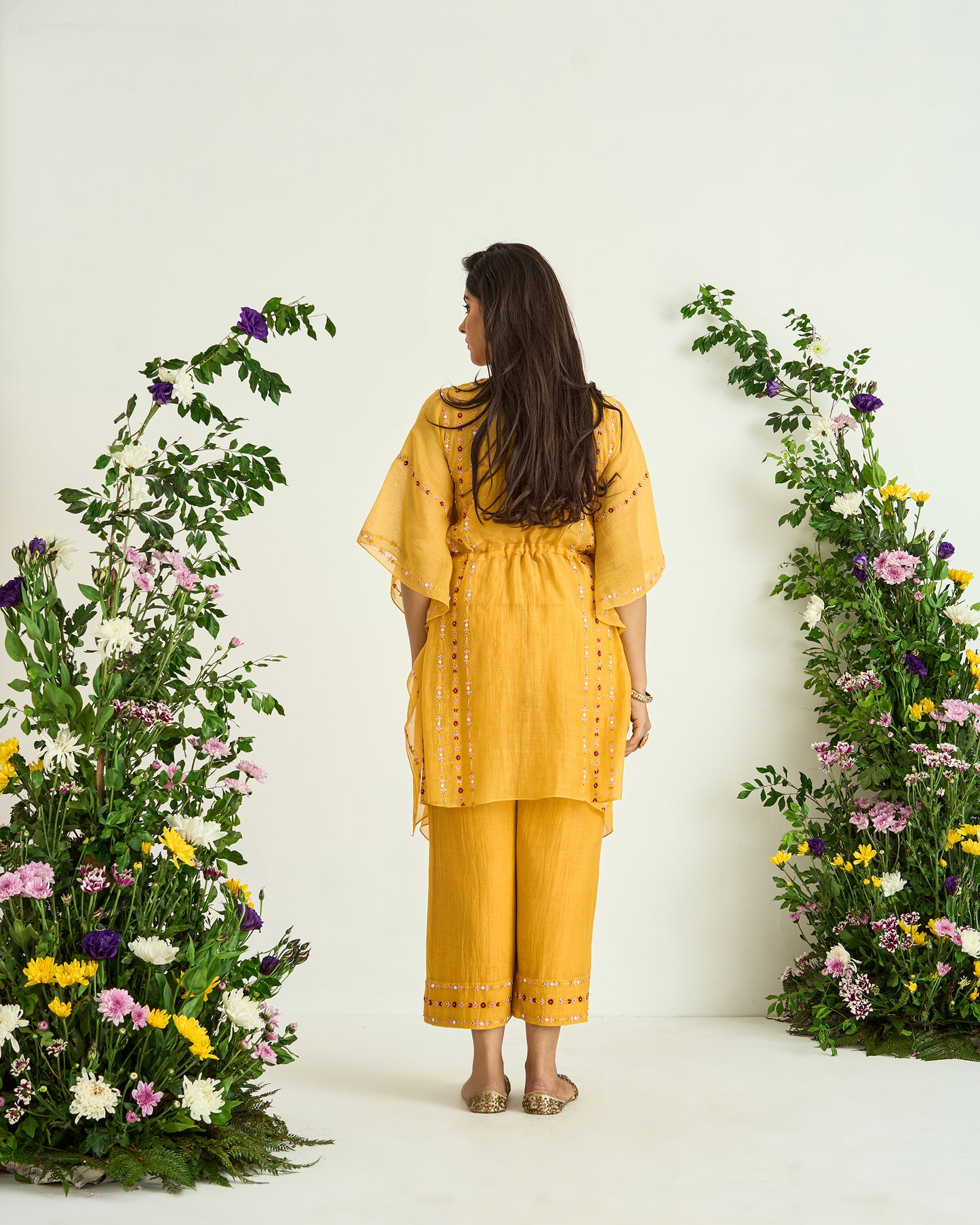 Yellow Hand Embroidered Chanderi Silk Kaftan set