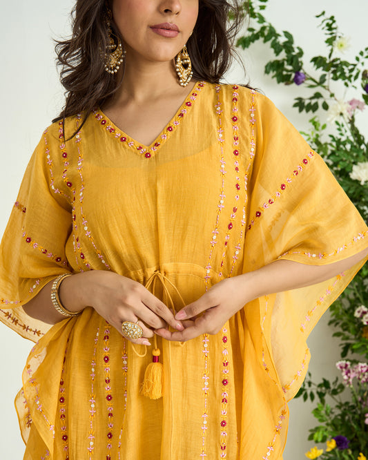 Yellow Hand Embroidered Chanderi Silk Kaftan set