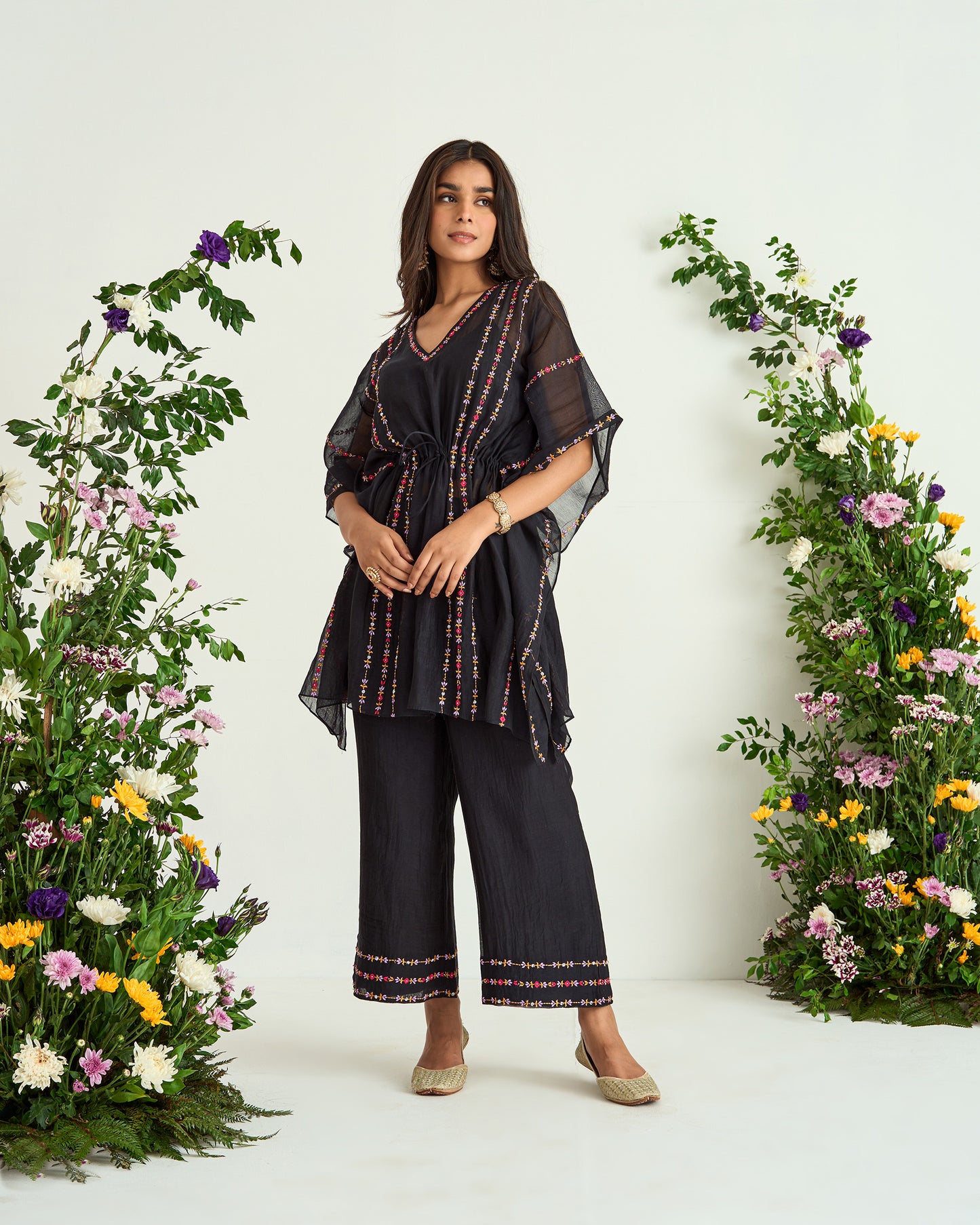 Black Hand Embroidered Chanderi Silk Shaadmani Kaftan Set