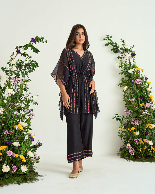 Black Hand Embroidered Chanderi Silk Shaadmani Kaftan Set