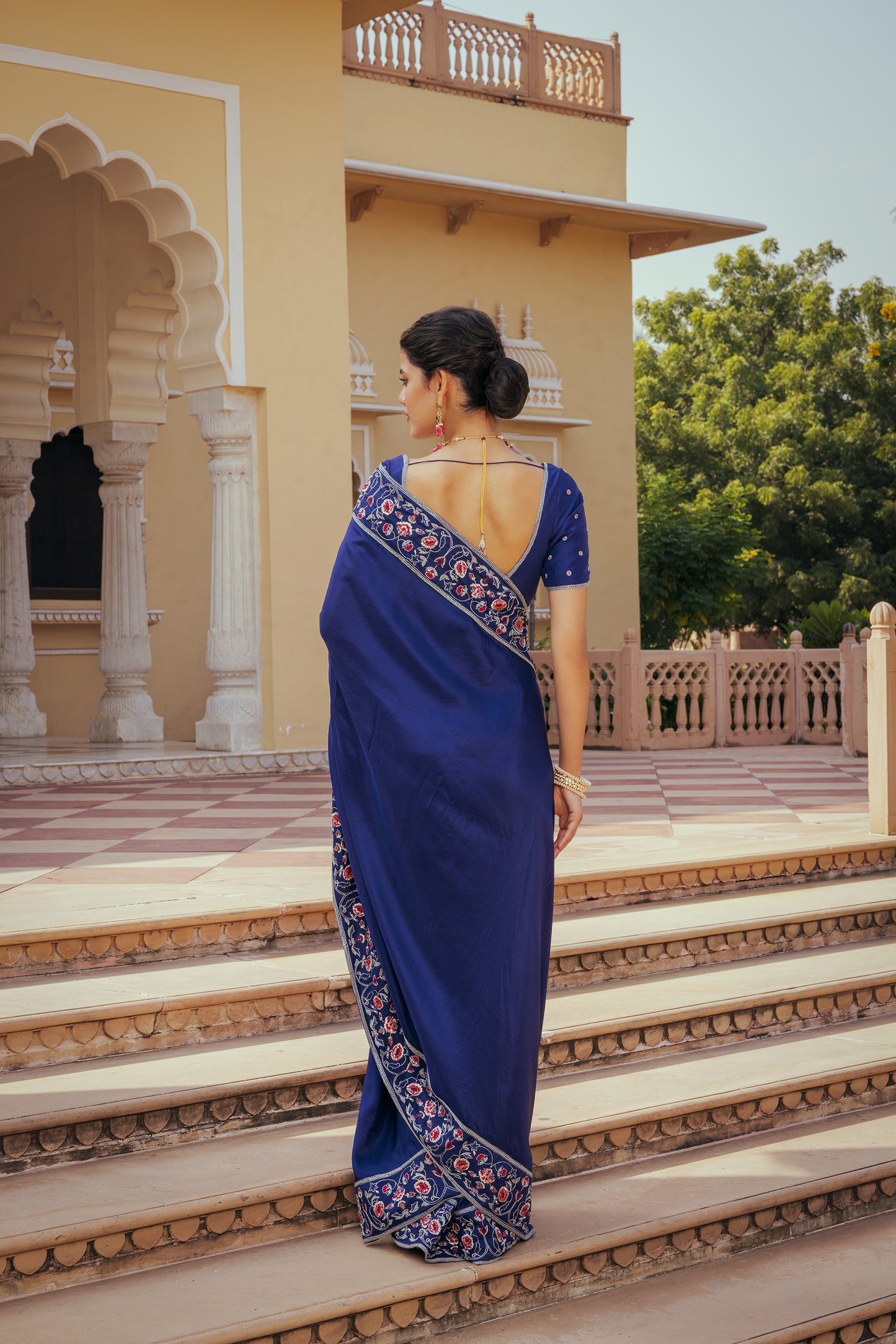 Mavi Zarkan Embrodiered Pure Dupion Silk Blue Saree Set