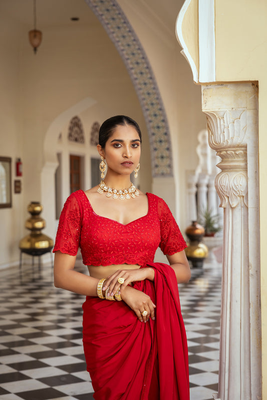 Tara Crepe Hand Embroidered Red Designer Saree Set