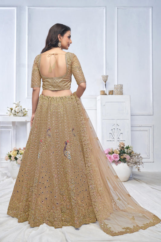 Brown Heavy Sequins & Zari Embroidered Soft Net Bridal Wear Lehenga