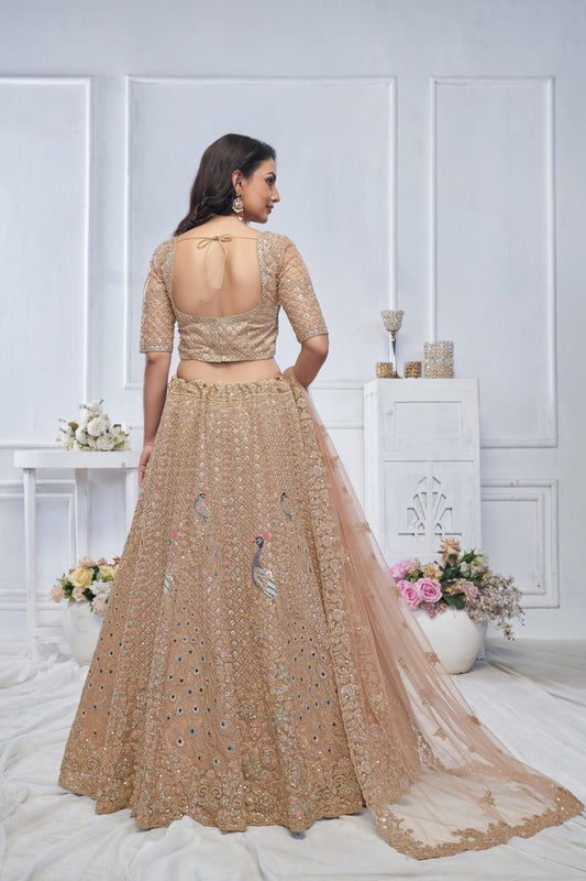 Beige Heavy Sequins & Zari Embroidered Soft Net Bridal Wear Lehenga