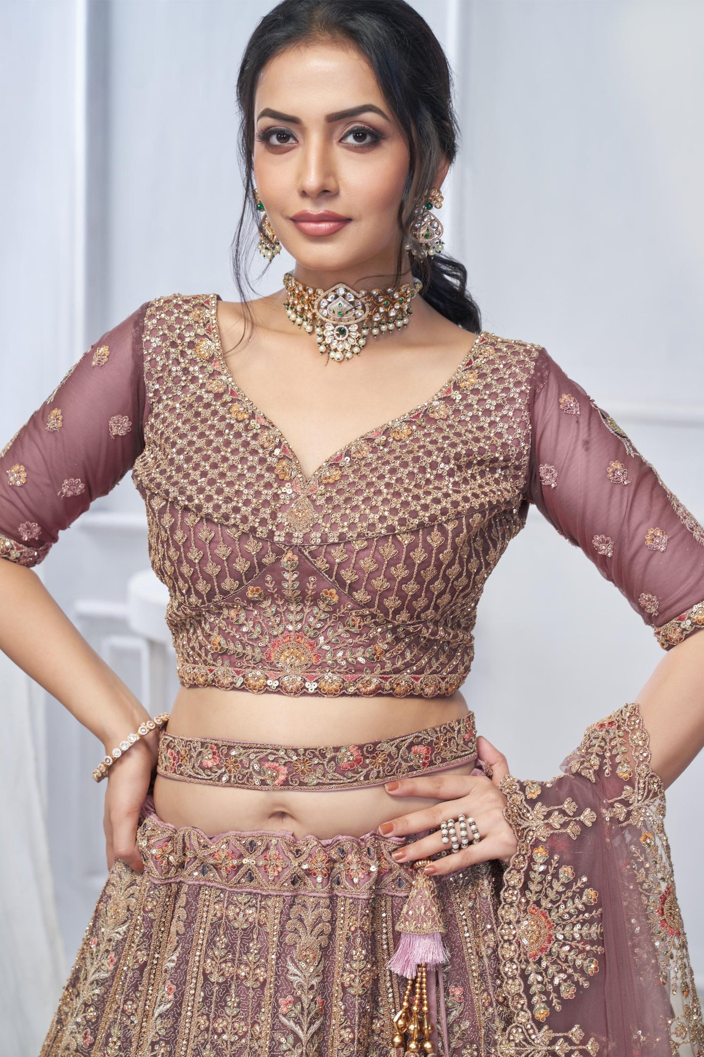 Onion Pink Soft Net With Paisley And Peacock Motifs Bridal Lehenga
