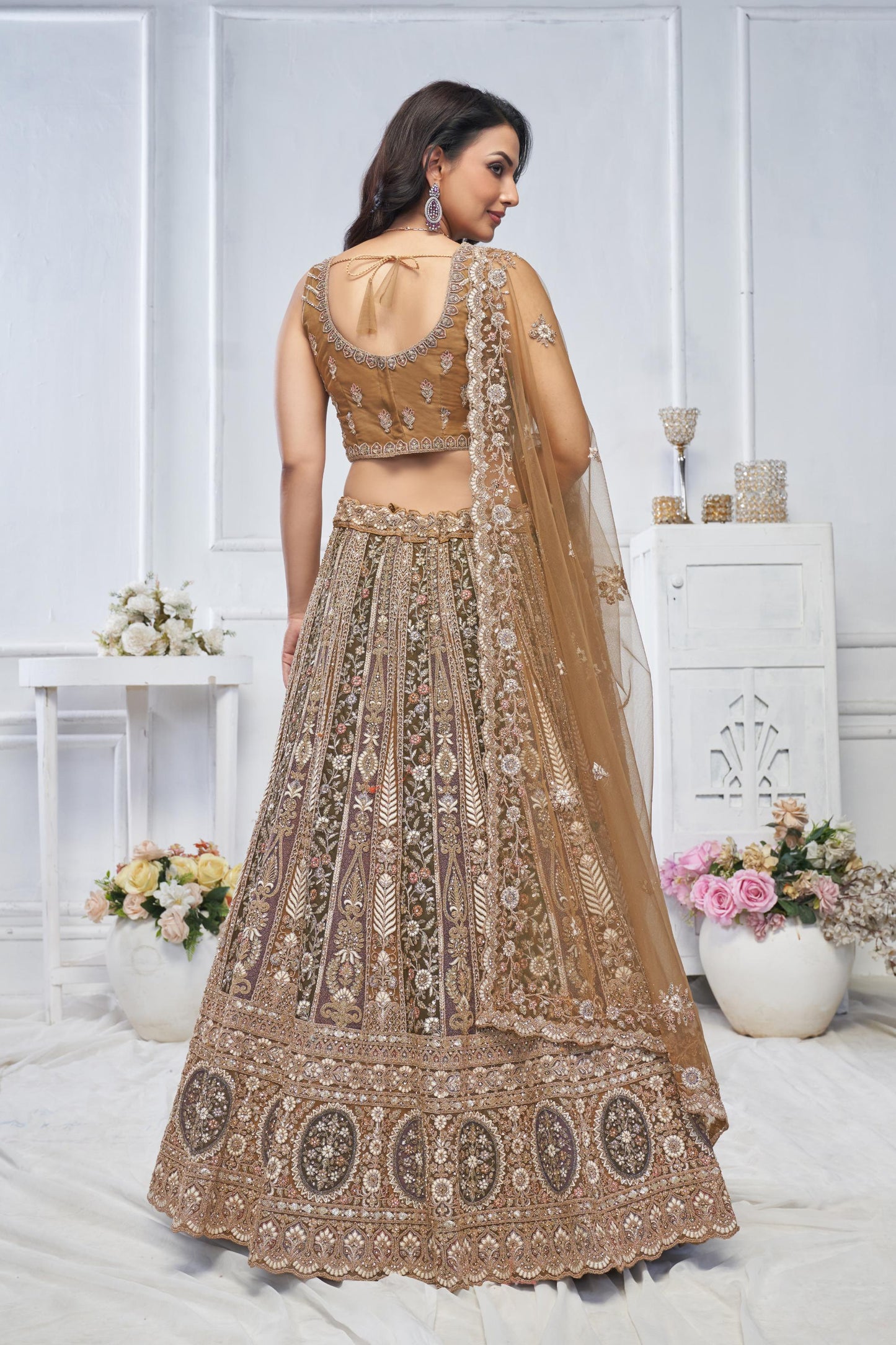 Majestic Gold Leaf Pattern Zari & Thread Embroidered Soft Net Bridal Lehenga