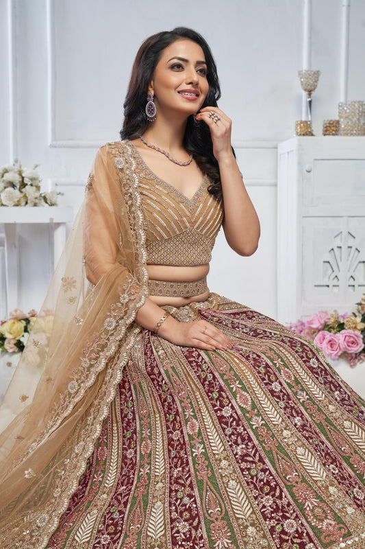 Majestic Gold Leaf Pattern Zari & Thread Embroidered Soft Net Bridal Lehenga