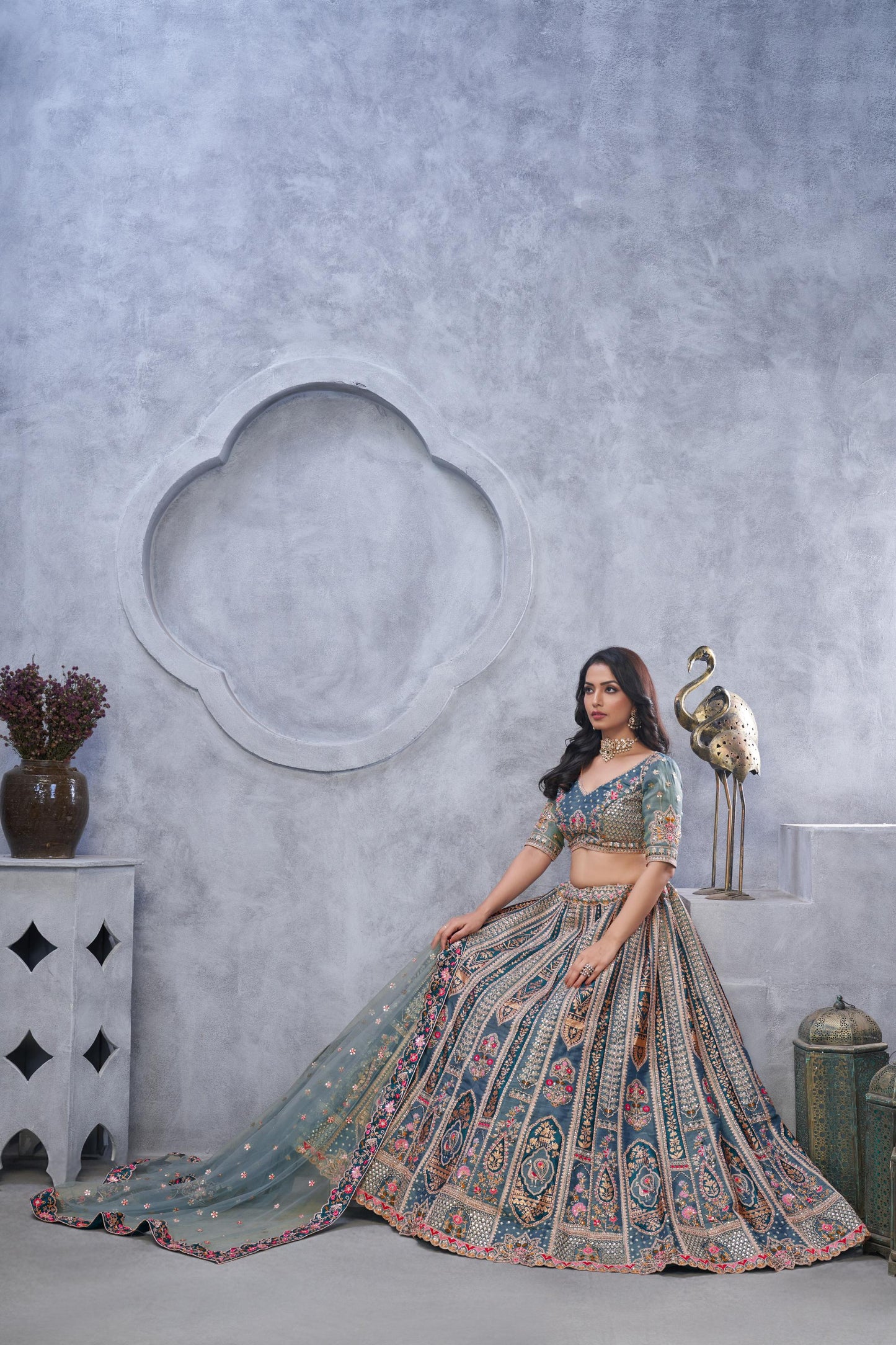 Grey Organza Silk Intricate Paisley Motifs Traditional Embroidered Wedding Lehenga Choli