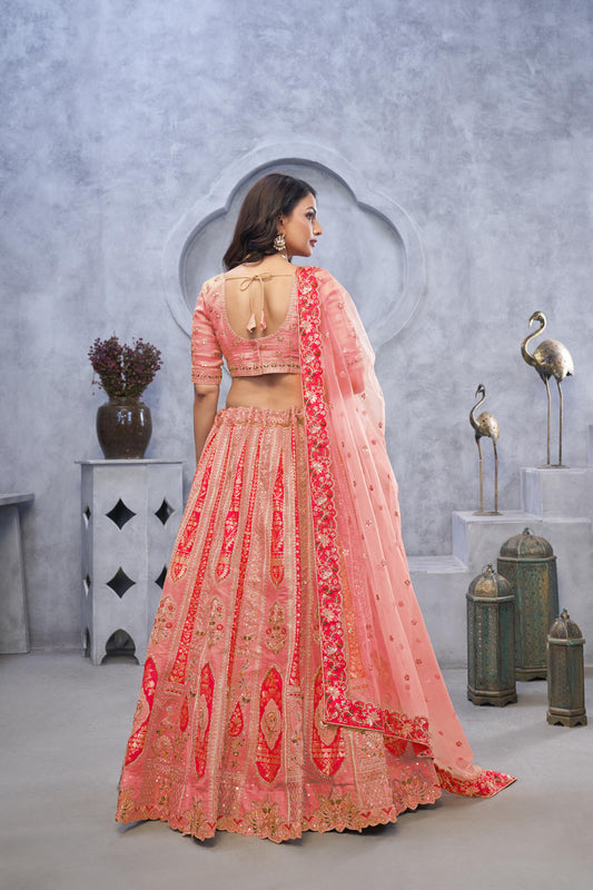 Pink Organza Silk Intricate Paisley Motifs Embroidered Wedding Lehenga Choli