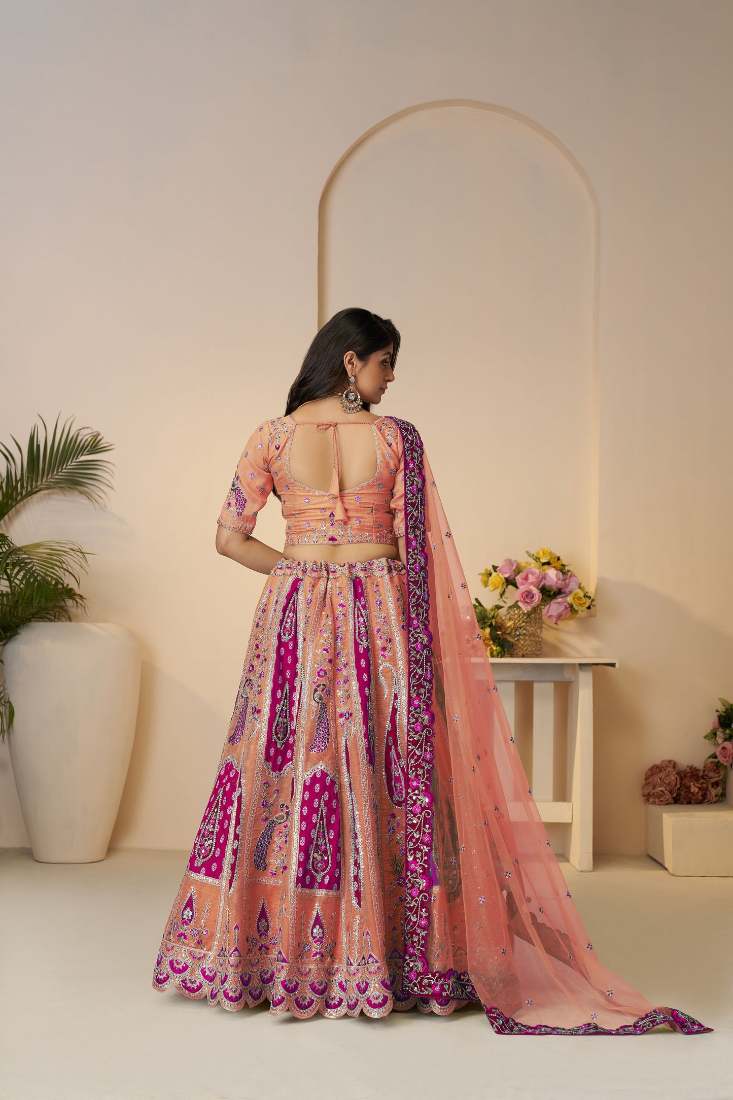 Orange Bel Butti Pattern Silk Engagement Lehenga Choli
