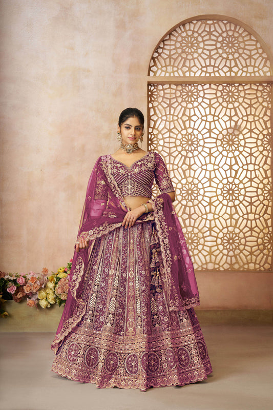 Dark Purple Soft Net Sequins & Zari Embroidery Bridal Lehenga