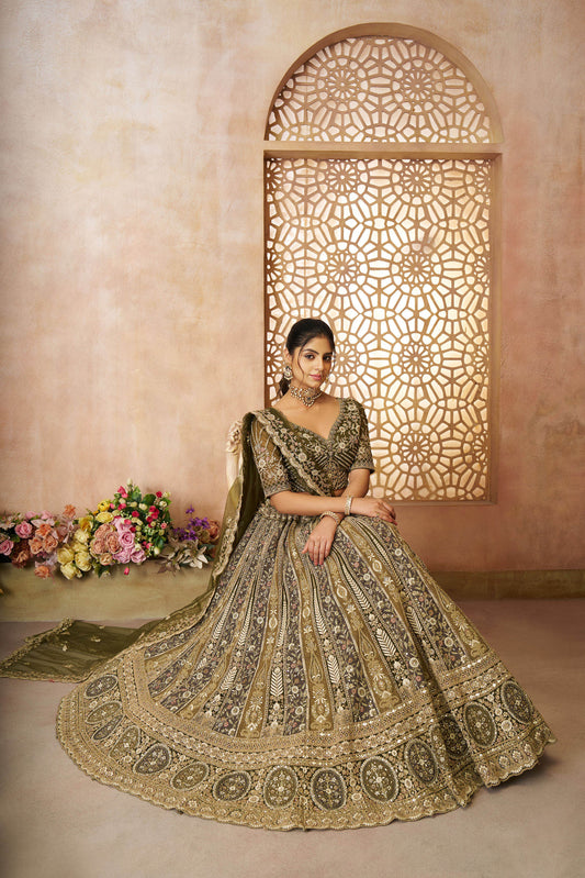 Green Soft Net Sequins & Zari Embroidery Bridal Lehenga for Mehendi