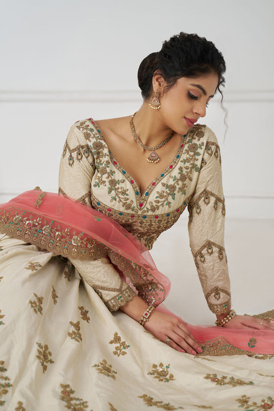 White Zari Embroidered Silk Designer Bridal Lehenga