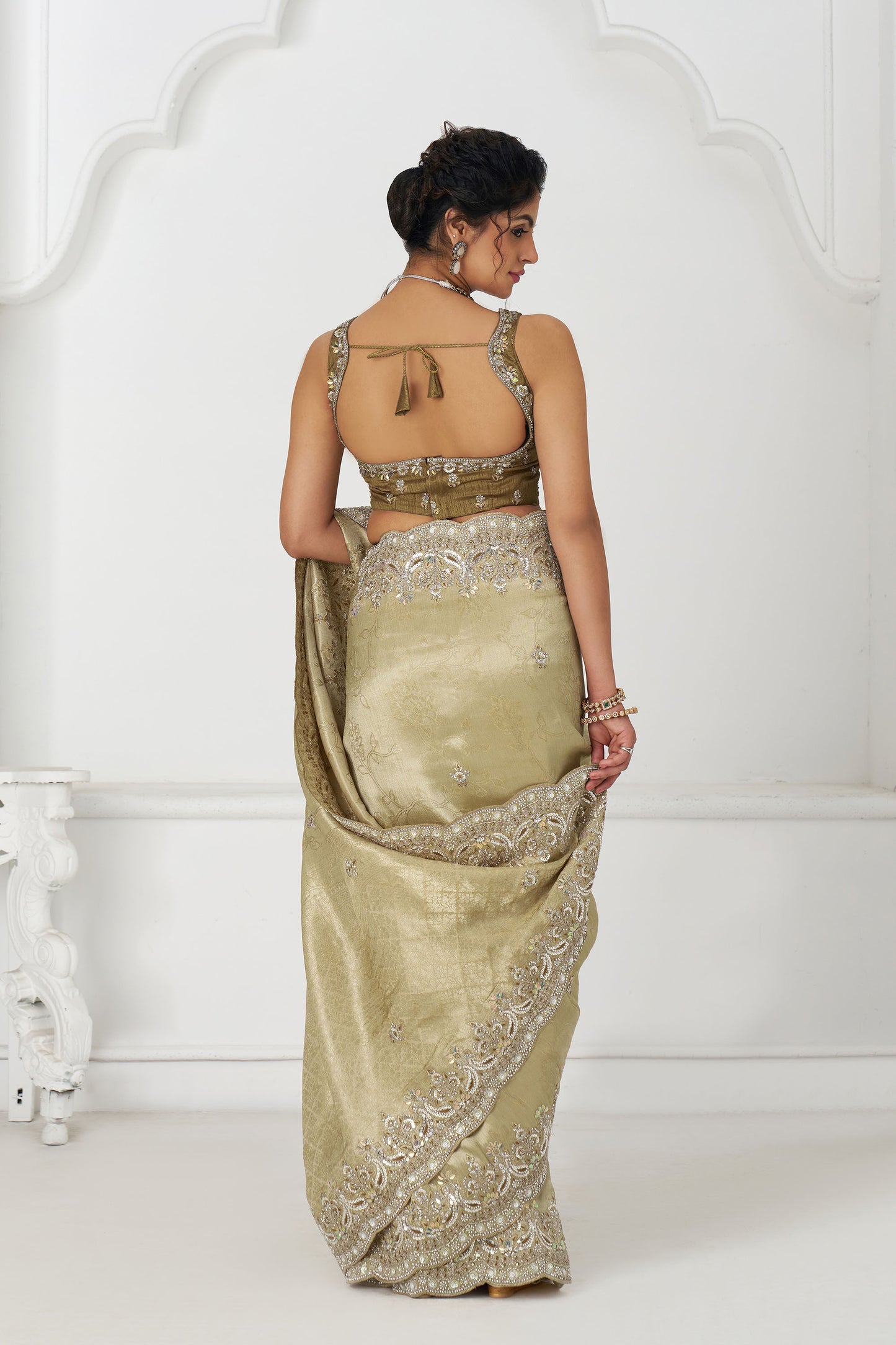 Olive Green Dola Viscose Silk Sequins And Beads Embroidery Festival Saree