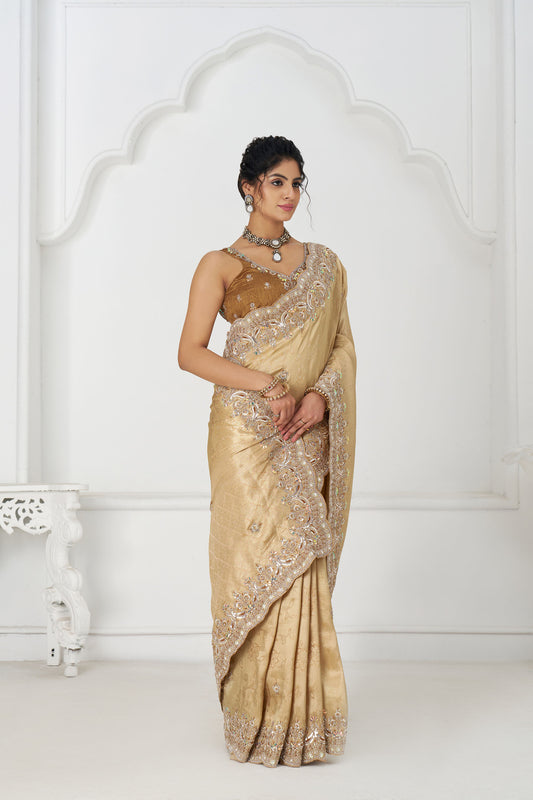 Golden Dola Viscose Silk Sequins And Beads Embroidery Festival Saree