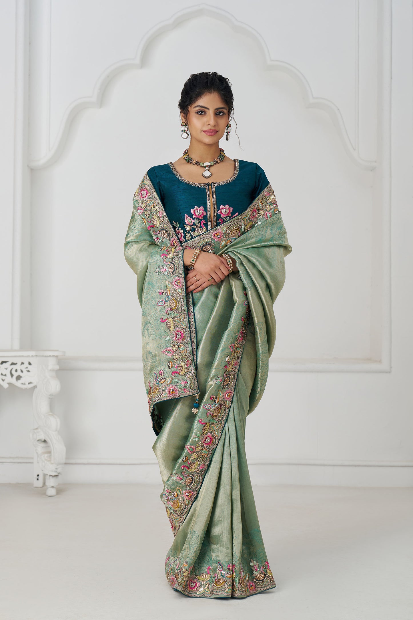 Green Dola Viscose Silk Multi-thread Embroidery Reception Saree