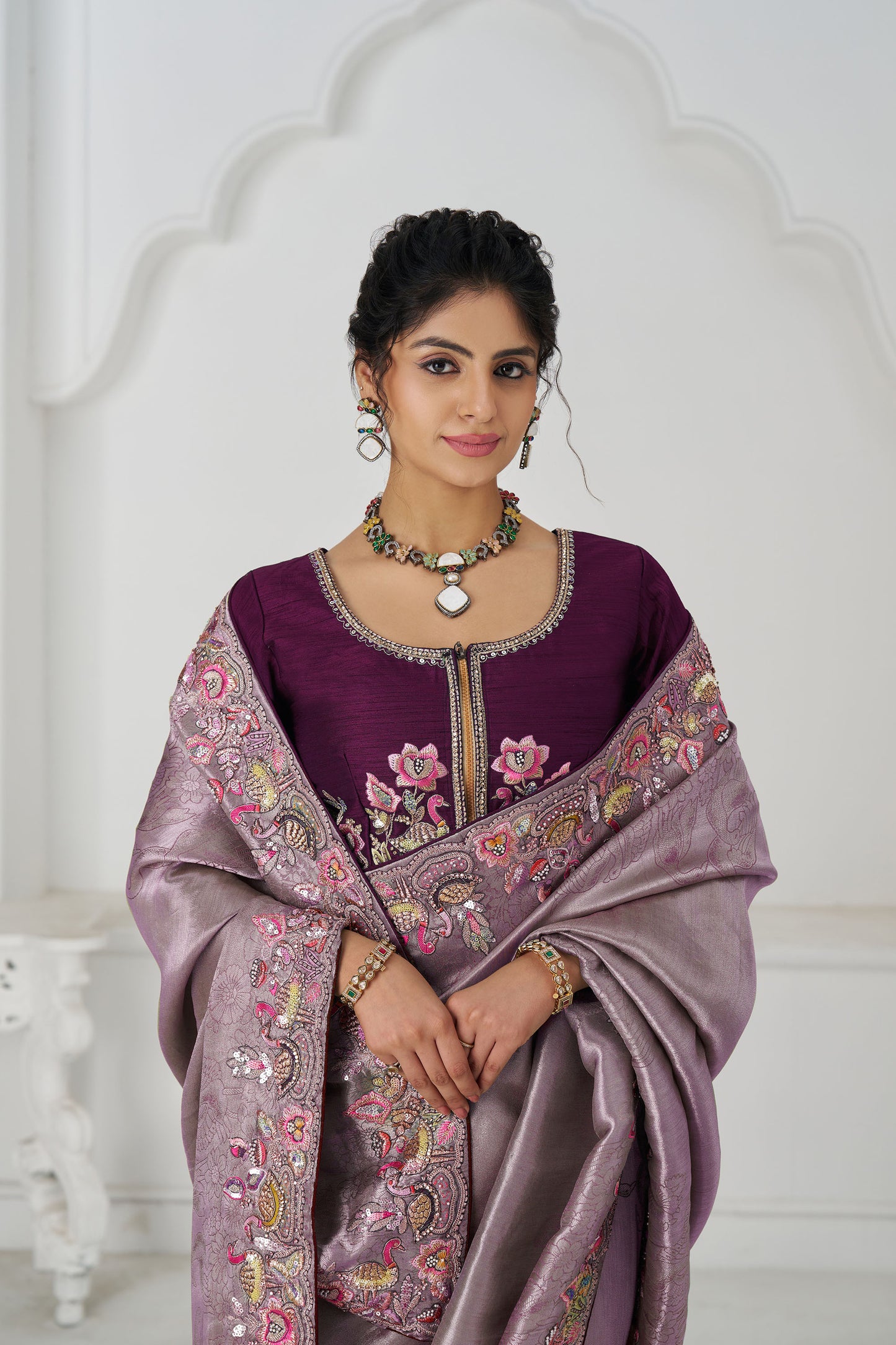 Mauve Color Reception Saree With Multi-thread And Sequins Embroidery